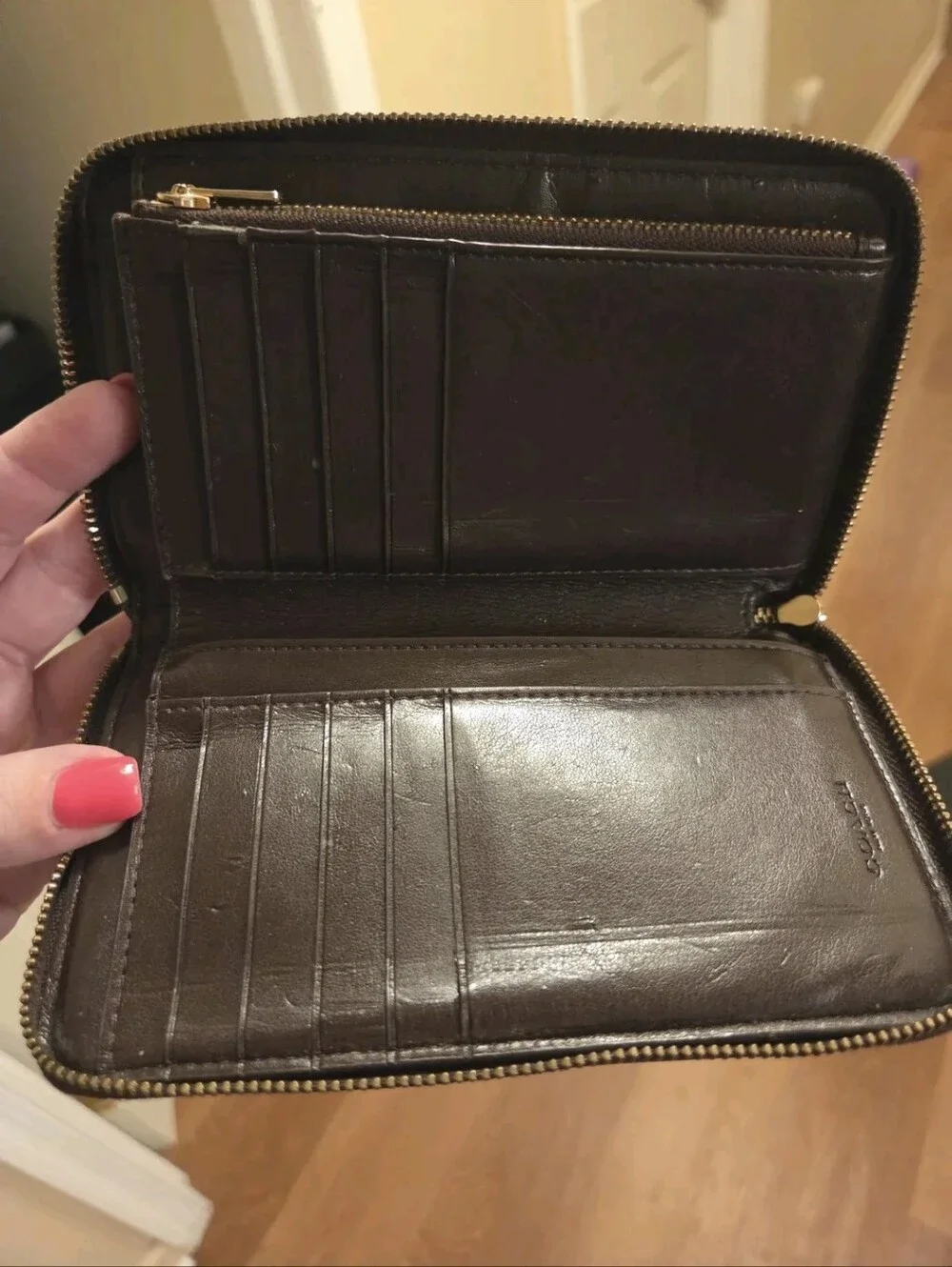 Coach Black Zip Wallet with Pink Rose Motif